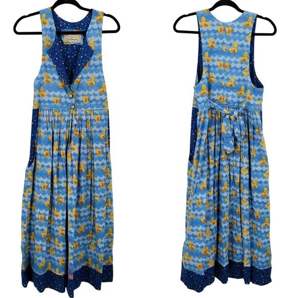 Handmade Whimsical Rubber Duck Maxi Apron Dress Tie Waist Sz XS Blue Pockets Fun - Picture 13 of 13